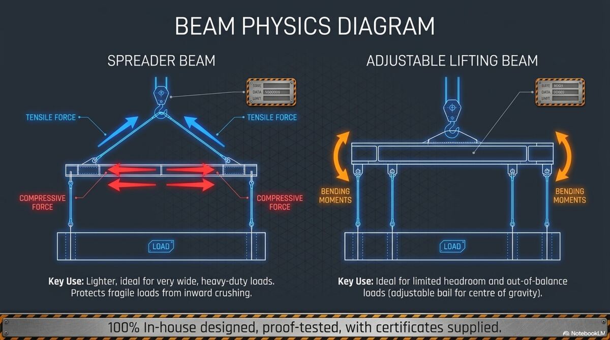 Beam physics — spreader vs adjustable lifting beam