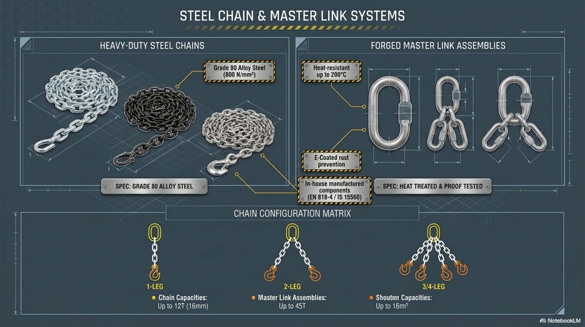 Steel chain slings and master link systems