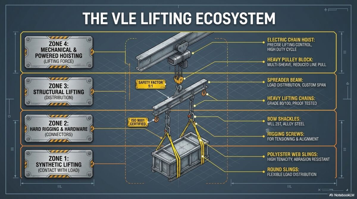 The VLE Lifting Ecosystem — four zones from synthetic contact to powered hoisting